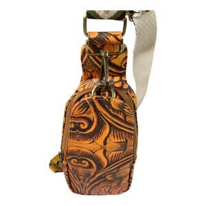 Domi Faux Leather All Over Print Sling Bag Wide Crossbody Strap Orange/Brown